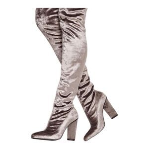 Misguided Velvet Over The Knee Boot Size 9 Silver 4” Heel Slip On Sexy Retro Y2K